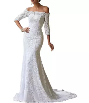 Кружевное свадебное платье с длинным рукавом и открытыми плечами