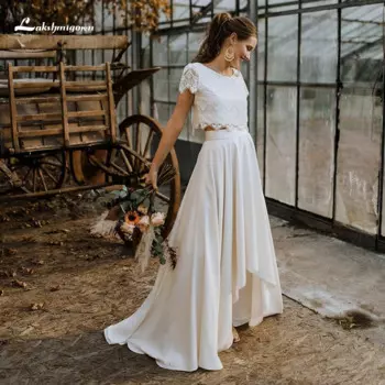 Кружевное свадебное платье в стиле бохо, из двух предметов, с круглым вырезом и коротким рукавом-крылышком, с высокой и низкой юбкой, платья невесты, шифоновое платье с короткими рукавами и пуговицами, 2023