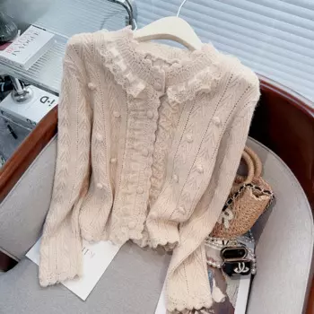 Кружевной свитер, женский вязаный кардиган, осень-зима, новый милый жаккардовый трикотаж с круглым вырезом и длинными рукавами, топы, женский джемпер Z694