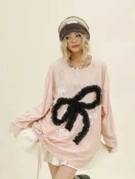 Кружевные Футболки с длинным рукавом и завязками, новинка 2024, Женская Осенняя свободная японская милая блузка, топы