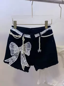 Кружевные тяжелые Промышленные модные короткие штаны с вышивкой для похудения широкие тянущиеся черные джинсовые шорты