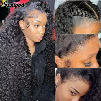 Кудрявые вьющиеся 200 Плотность 13x6 HD кружевной передний парик для женщин Remy человеческие волосы 13x4 натуральный черный фронтальный безклеевой предварительно выщипанный Swupod