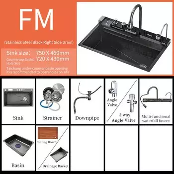 Кухонная раковина «Водопад» из нержавеющей стали, большая современная многофункциональная раковина с одной чашей, черная раковина с держателем для ножей, посудомоечная машина