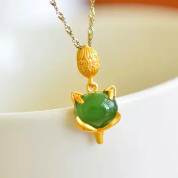 Кулон из серебра 100% пробы с нефритовой лисой