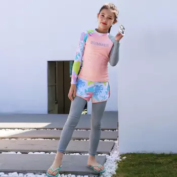 Купальник с длинным рукавом для девочек, комплект для плавания с защитой от УФ излучения, пляжная одежда для подростков, детский купальный костюм в Корейском стиле, 2 предмета