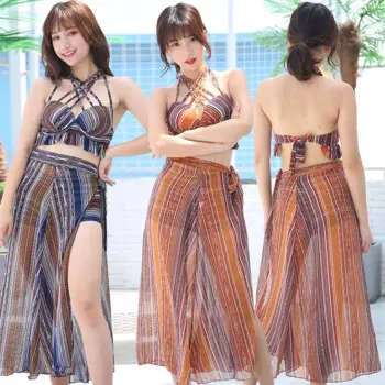 Купальник с высокой талией, Женский комплект из трех предметов, женский купальник с трикотажным пуш-ап бикини, летний сексуальный купальный костюм с принтом