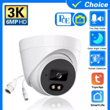 Купольная IP-камера Tuya 6MP с POE, двусторонняя аудиосвязь H.265, широкий угол, 3,6 мм, цветной AI, ночное видение, домашнее видеонаблюдение, видеонаблюдение, безопасность