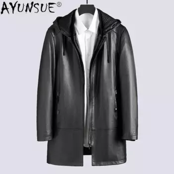 Куртка AYUNSUE Gxy258 мужская из 100% натуральной кожи, парка из козьей кожи с капюшоном, пальто с подкладкой из натурального меха норки, зима 2025