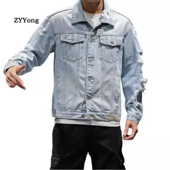Куртка-бомбер мужская рваная джинсовая в стиле хип-хоп