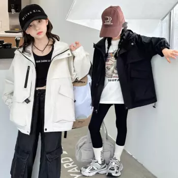 Куртка для девочек с капюшоном, однотонная Удобная тканевая Корейская ветровка, облегающая и простая модная куртка для девочек, осенняя одежда для девочек