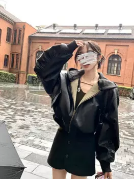 Куртка из искусственной кожи с капюшоном женская короткая осенне-зимняя куртка топ Женская зимняя куртка женская одежда верхняя одежда
