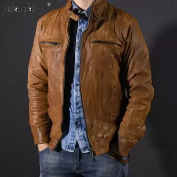 Куртка из натуральной кожи, мужское винтажное пальто, Мужская одежда, куртка из овечьей кожи растительного дубления