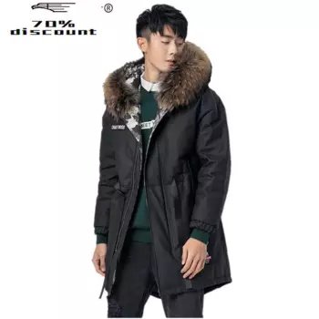 Куртка из натуральной кожи, зимняя мужская куртка из коровьей кожи, куртки на утином пуху, мужское длинное пальто с воротником из меха енота Z2828285 MY2239