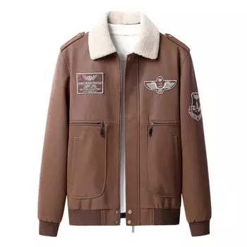 Куртка MaiDangDi с вышивкой осень-зима с плюшевым замшевым воротником и несколькими карманами модная кожаная куртка для мужчин