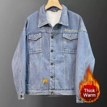 Куртка мужская джинсовая с вышивкой, модный пиджак на пуговицах, уличная одежда, толстая Свободная куртка, в американском стиле