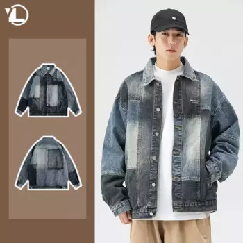 Куртка мужская джинсовая в японском стиле Харадзюку, ковбойская верхняя одежда в стиле хип-хоп с цветными вставками и отворотами, винтажная модная в стиле унисекс, на весну