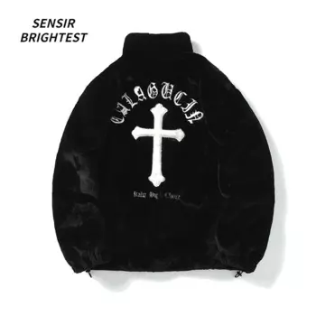 Куртка мужская с вышивкой в виде букв, Готическая уличная теплая Свободная куртка из искусственного кроличьего меха, Осень-зима