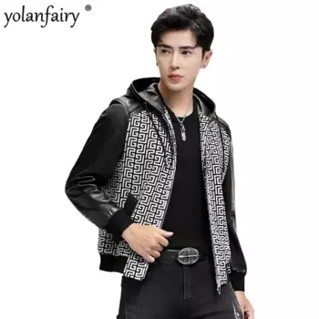 Куртка мужская шерстяная с капюшоном, комбинированная кожаная куртка, одежда для осени и зимы