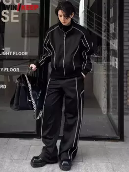Весенне-осенняя новая куртка с длинным рукавом и воротником-стойкой, широкие брюки, мужской комплект из двух предметов, свободный спортивный костюм для бега, мужские спортивные комплекты