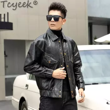 Куртка Tcyeek из 100% натуральной овечьей кожи, весна-осень, Короткая Повседневная кожаная куртка, Мужская модная одежда, кожаная куртка