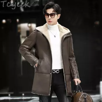 Куртка Tcyeek из натуральной овечьей шерсти, пальто средней длины с капюшоном, утепленное Мужское пальто из натуральной кожи, мужская зимняя куртка из натуральной кожи