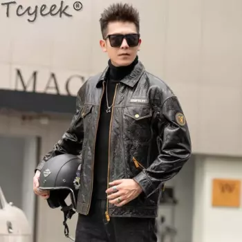 Куртка Tcyeek мужская из вощеной овчины, мотоциклетная модная повседневная Короткая свободная куртка из 100% натуральной кожи, весна-осень
