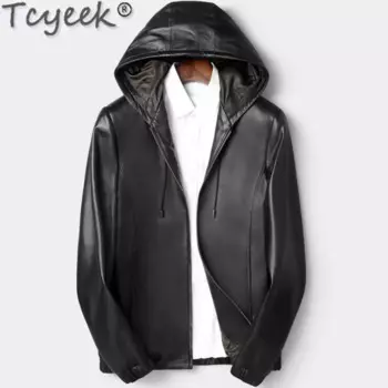 Куртка Tcyeek Мужская короткая из натуральной овечьей кожи, верхняя одежда с капюшоном в Корейском стиле, весна-осень