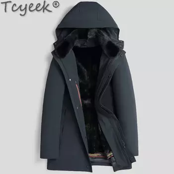 Куртка Tcyeek средней длины, Мужская теплая парка со съемной подкладкой из натурального меха норки, модная зимняя Мужская одежда, Куртка с капюшоном