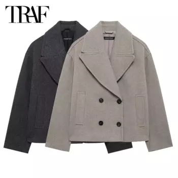 Куртка TRAF Женская демисезонная, укороченный пиджак из шерсти и смешанных материалов, черный и серый цвета, Элегантная модная верхняя одежда, 2024