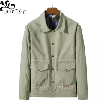 Куртка UHYTGF для мужчин среднего возраста, модная деловая Повседневная осенняя куртка с карманами, Мужская однобортная Свободная верхняя одежда большого размера 5XL, 198