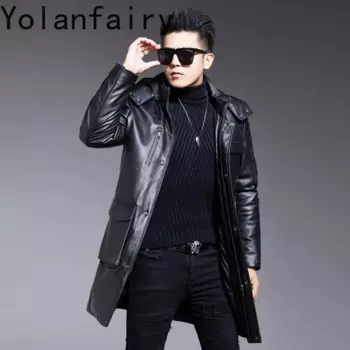 Куртка YOLANFAIRY из натуральной коровьей кожи, пальто средней длины на белом утином пуху для мужчин, верхний слой из воловьей кожи, теплая куртка, черная зимняя одежда