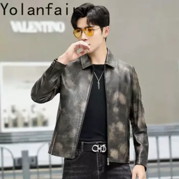 Куртка YOLANFAIRY Мужская короткая из натуральной овечьей кожи, мотоциклетная одежда, жакеты в американском стиле ретро, пальто для осени и зимы, 2024