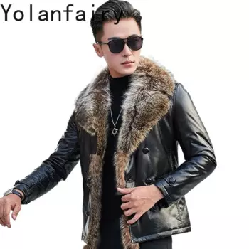 Куртка YOLANFAIRY Мужская короткая зимняя из натуральной овечьей кожи, пуховик с воротником из меха енота, модная верхняя одежда