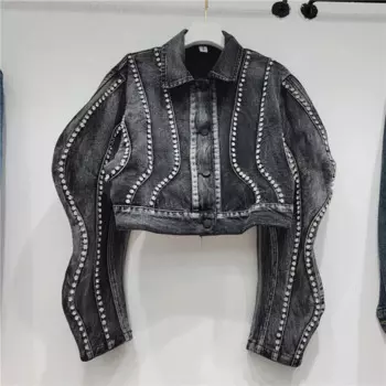 Куртка женская джинсовая с длинным рукавом, облегающая короткая ковбойская верхняя одежда для студентов, ВИНТАЖНАЯ ДЖИНСОВАЯ КУРТКА со стразами, синий черный