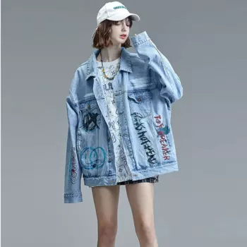 Куртка женская джинсовая в стиле Харадзюку, модная уличная одежда из денима с вышивкой граффити, свободная джинсовая куртка с карманами и лацканами