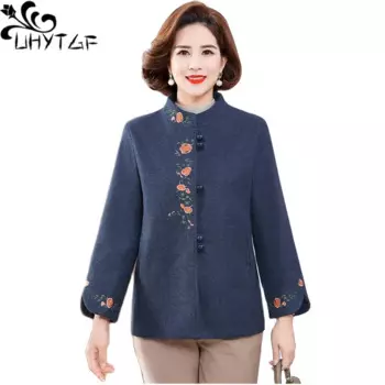 Куртка женская шерстяная с вышивкой, на осень/зиму, 5XL