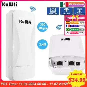 KuWFi 300 Мбит/с 2,4 ГГц Wi-Fi Мост Беспроводной CPE Маршрутизатор Точка к точке 1 км Удлинитель сигнала Wi-Fi AP Режим повторителя WAN LAN 24 В POE