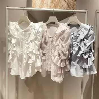 Kuzuwata 2024 Весенняя рубашка в японском стиле Блузы с оборками на шнуровке с воротником с расклешенными рукавами Милая женская блузка женская мода