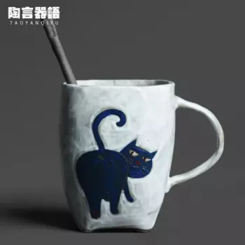 Квадратная кофейная чашка с рисунком кошки и керамической ложкой