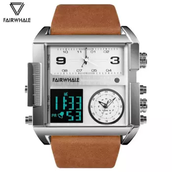 Квадратные часы с двойным дисплеем, мужские военные многофункциональные наручные часы из нержавеющей стали, ретро мужские кожаные водонепроницаемые часы Relogio Masculino