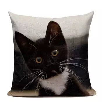 Льняная наволочка Pumelo Tree, черная-белая, кот