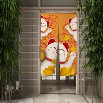 Льняная японская дверная занавеска Noren Ukiyo-e "Счастливые кошки"