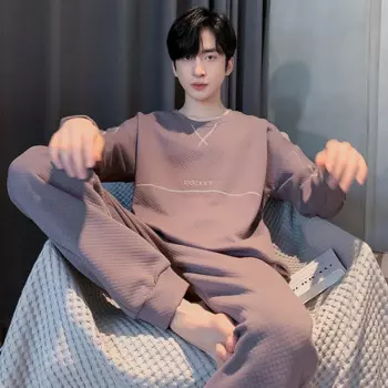 Ламинированная Хлопковая пижама с круглым вырезом, Мужские осенне-зимние толстые с длинными рукавами для домашнего сервиса, мужской теплый тонкий стеганый костюм большого размера