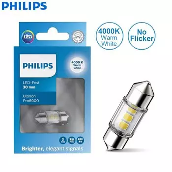 Лампа Philips для автомобиля, C5W Festoon Fest, 30 мм, Ultinon Pro6000, 4000K, белая, без ошибок, 11860WU60X1