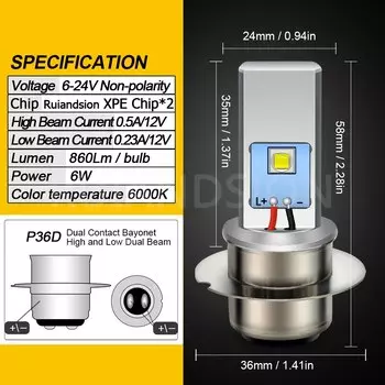 Лампа Ruiansion BA20D H6 P30D светодиодный, 6-24 В, 20 Вт, P36D