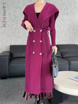 LANMREM плиссированная ветровка с большими лацканами, двубортная однотонная длинная куртка с поясом, женская модная новая одежда 2DB1345