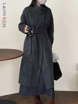 [LANMREM] Шерстяные пальто с поясом и присборенной талией, женские однобортные однобортные толстые теплые верхняя одежда с воротником-стойкой, женская зимняя новинка 2024, 26C845