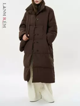 [LANMREM] Теплые длинные пальто в стиле минимализм, женские однобортные офисные женские пуховые верхняя одежда с воротником-стойкой, женская зимняя новинка 2024, 26C1133