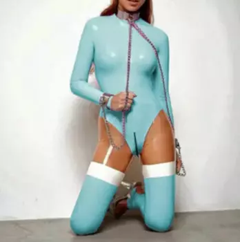 Латексный резиновый костюм-кошка Gummi, модный костюм, Синий боди, Хэллоуин