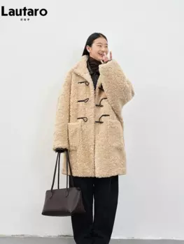 Lautaro осень-зима оверсайз длинная толстая теплая мягкая пушистая шуба из искусственного меха женщины с роговыми пуговицами с карманами роскошная дизайнерская верхняя одежда женская пушистая куртка 2023